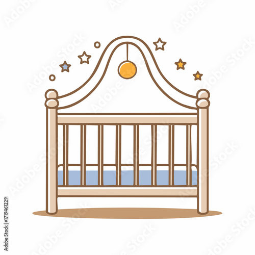 Charming Baby Crib with Hanging Sun and Stars Illustration.