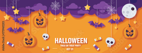 Halloween party illustration, pumpkins skulls bats candy spider webs full moon purple orange background, festive spooky design, trick or treat banner