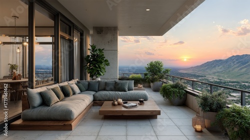 Stunning sunset views from a modern penthouse balcony with elegant furniture and lush greenery, perfect for relaxation and luxurious living with panoramic vistas