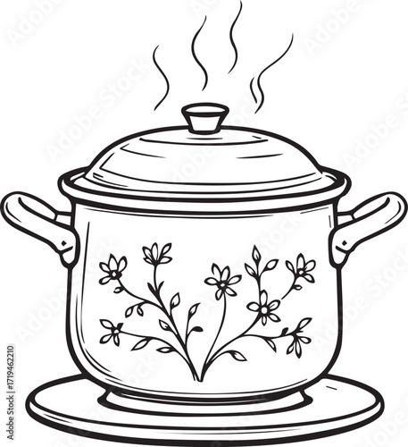 Floral cooking pot vector illustration in black and white with steam, lid and handles for culinary, kitchenware and home cooking design themes