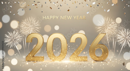 2026年 ハッピーニューイヤー  金色の輝きと花火が彩るお祝いの瞬間