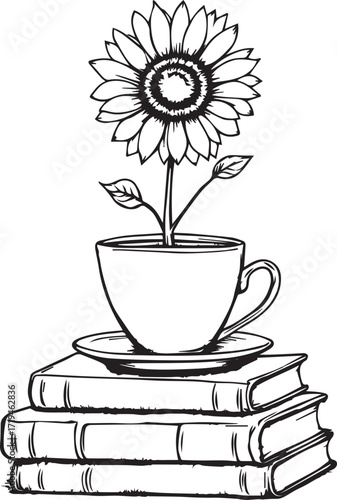 Sunflower in teacup on stacked books vector illustration in black and white for themes of growth, learning, nature and creative lifestyle design