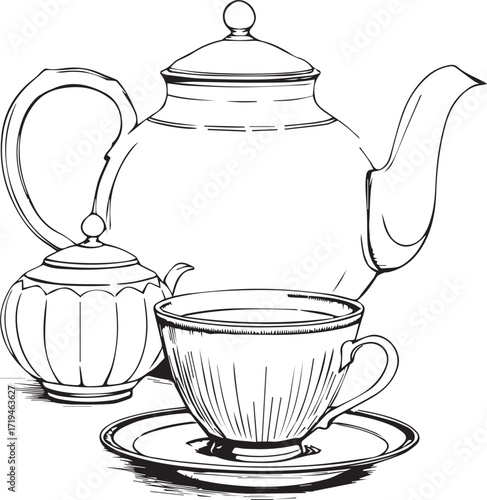Tea set vector illustration in black and white with teapot, sugar bowl and teacup on saucer for hospitality, vintage kitchenware and cultural themes