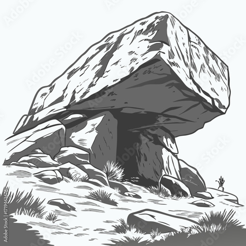 Ancient stone megalithic tomb structure with a large capstone supported by standing stones in a grassy landscape