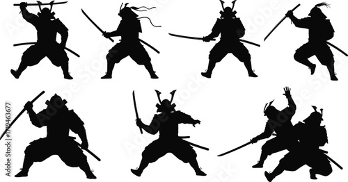 Samurai silhouettes, Japanese warrior illustration, katana sword poses, martial arts design, black and white figure, combat stance, cultural heritage, traditional armor, battle concept, historical art
