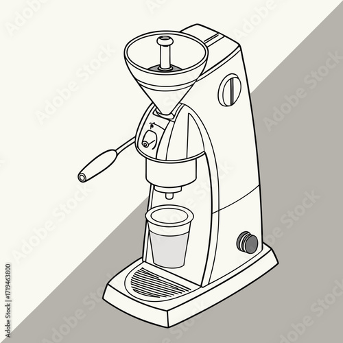 Detailed line art illustration of a modern electric coffee grinder with a hopper and a cup for ground coffee