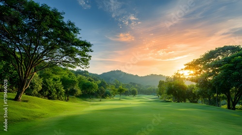 Golf course background vibrant sunset over green hill view
