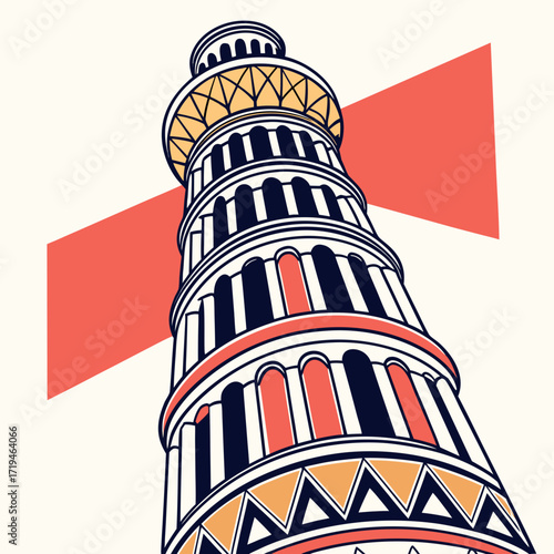 Stylized illustration of the leaning tower of pisa with abstract geometric shapes in coral and yellow