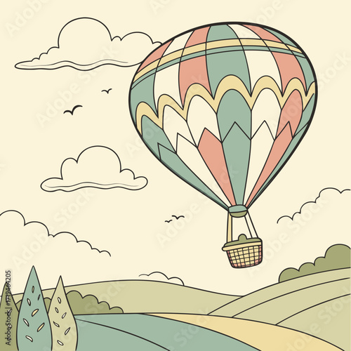Whimsical hot air balloon with a basket floats over rolling hills and clouds with birds flying