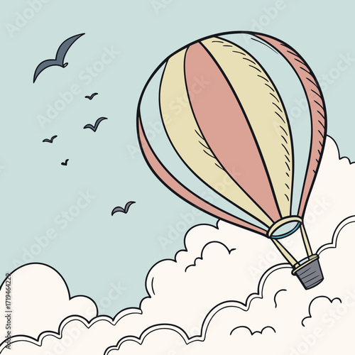 Whimsical hot air balloon floats serenely through a pastel sky with birds and fluffy clouds