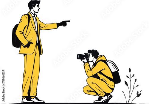 Travel explorers vector illustration in black and white and yellow with one person pointing and another photographing for adventure and documentation themes