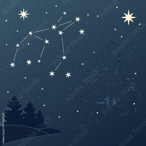 A serene night sky filled with stars and a prominent constellation above a silhouette of trees and rolling hills