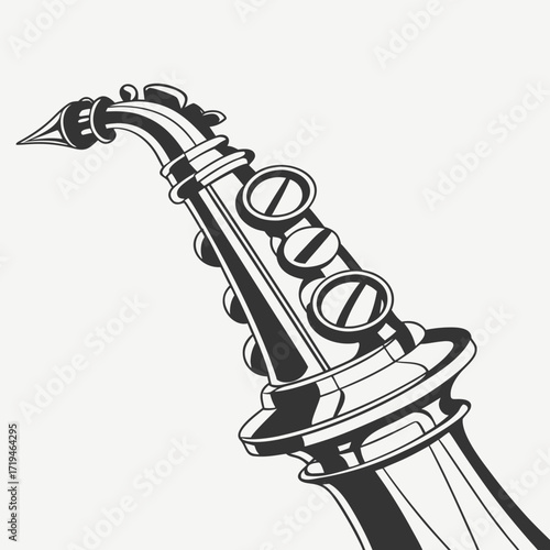 Close up of a black and white illustration of a saxophone mouthpiece and keys against a light background