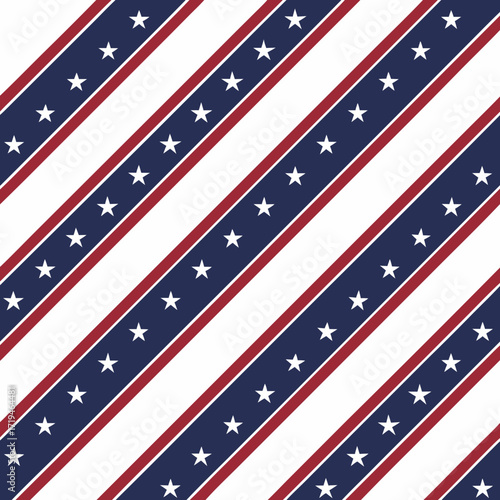 Seamless diagonal pattern of white stars on blue stripes bordered by red lines on a white background