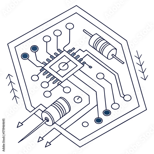 Stylized isometric illustration of a microchip and electronic components on a circuit board