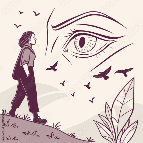 Woman walking towards a giant eye in the sky with birds flying around her