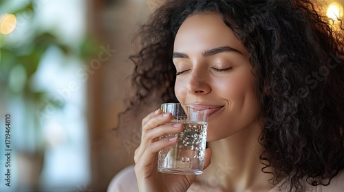 Relaxed and happy woman sipping fresh water, glowing skin, smiling, hydration and self-care concept.