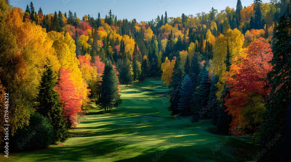 Obraz premium Golf background vibrant autumn course colorful trees scenic