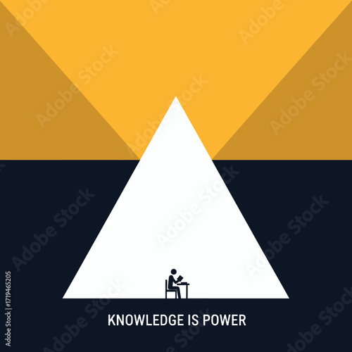 Knowledge is Power: In an abstract illustration, a solitary figure immersed in study sits under a beam of illumination within a triangular space.