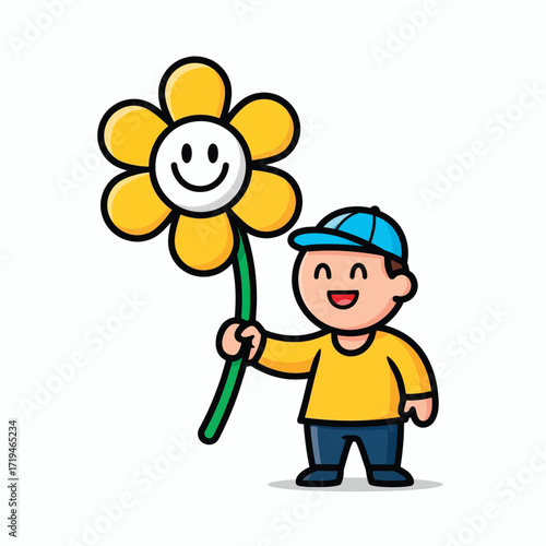 Joyful Gift of Bloom: A smiling child joyfully presents a cheerful, smiley-faced flower, a bright and heartwarming symbol of happiness.