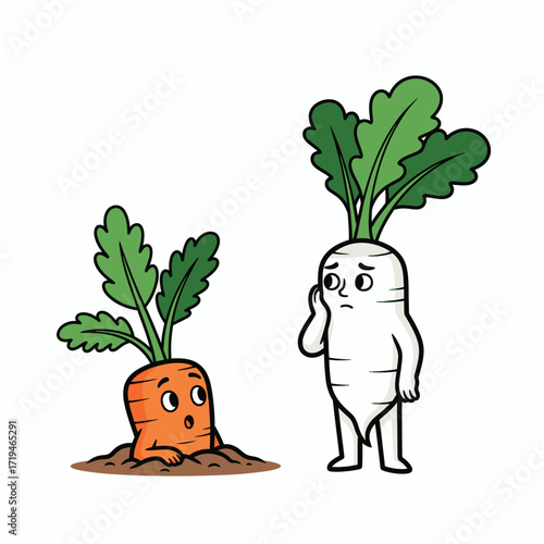 Carrot's Curiosity and Turnip's Uncertainty: A charming illustration depicts a curious carrot and an uncertain turnip, each personified with unique facial expressions, set against a clean.