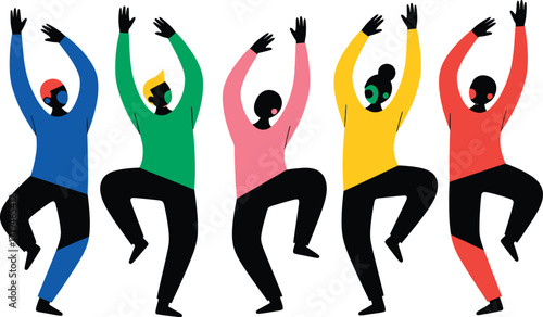 Vibrant Rhythm and Harmony: Five figures dance in a dynamic pose with a sense of joy and movement, in a graphical art style. Representing the beauty of diversity and expressive movement.
