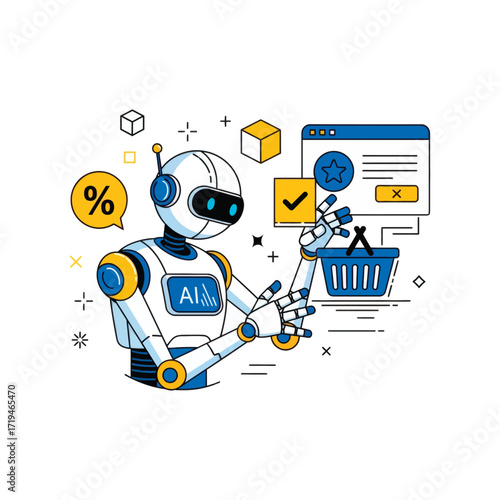 AI Robot's Futuristic Shopping: A sleek, modern AI robot interacts with digital elements such as a shopping cart and a percent bubble.