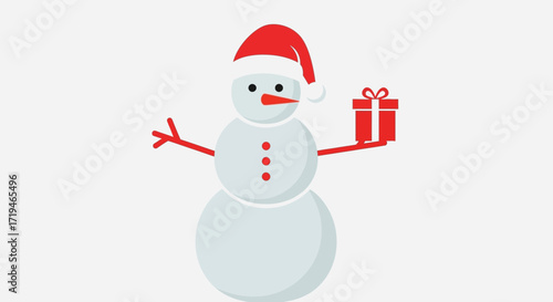 Festive snowman illustration with Santa hat and gift offering seasonal cheer and winter holiday