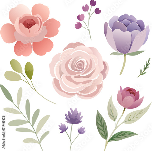 Vibrant hand painted watercolor floral elements in shades of red