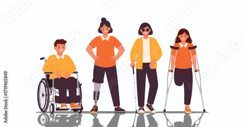 Inclusive Group: A visually rich, flat vector illustration of a diverse group of people, each with a unique physical difference, stands as a symbol of acceptance and diversity.