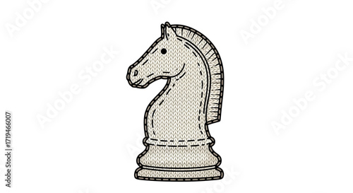 Monochrome knight chess piece designed as a stitched fabric patch. Creative embroidery and appliqué style illustration for strategy and gaming concepts