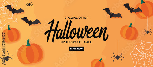 Halloween sale banner, pumpkins bats spiders webs bright orange background, special offer up to 50% off, festive vector design