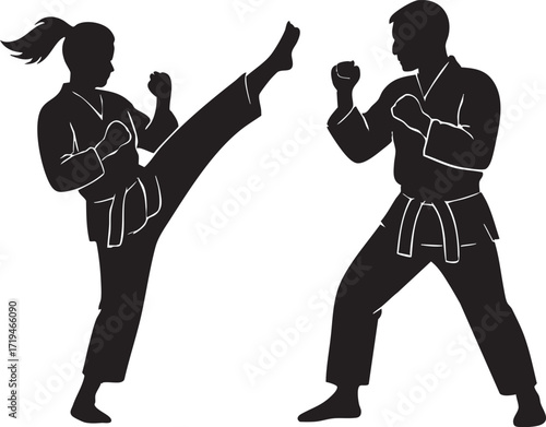 Silhouette of Martial Arts: A dynamic silhouette captures the intensity of martial arts, a man and woman in poised stances, illustrating the power and precision of discipline and technique.