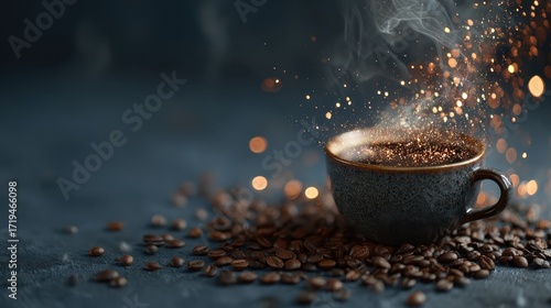 Hot coffee in a ceramic cup with steam and coffee beans around it. It's good for blogs about coffee, cafes, or relaxing moments.