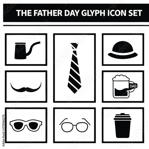 Father’s Day glyph icon set with necktie, mustache, coffee pot, beer mug, glasses, and bowler hat in black and white