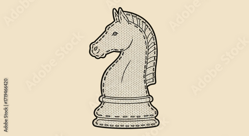 A creative illustration of a fabric-stitched chess knight, symbolizing game strategy, tactical moves, and intellectual competition