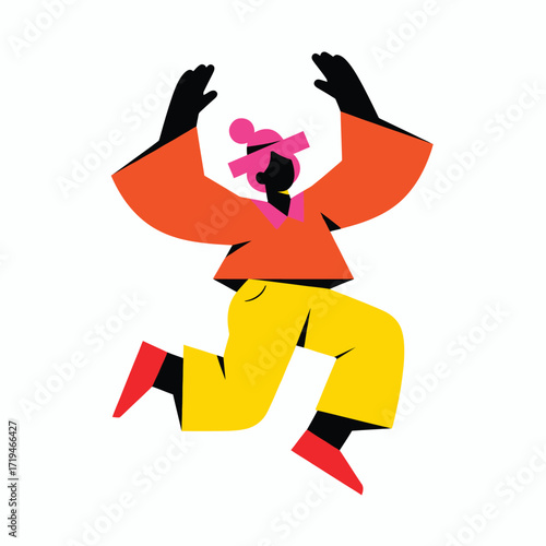 Stylized modern illustration of a person jumping for joy. Expressive and colorful character design for concepts of celebration and achievement