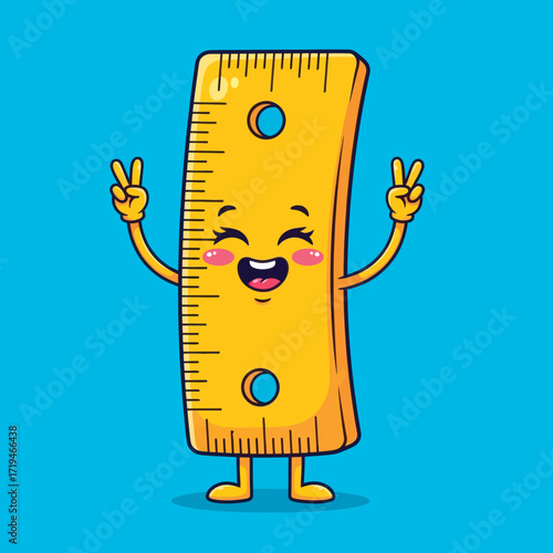 Cute ruler character mascot with a happy smiling face making a peace sign gesture, embodying the concept of fun learning and positive school vibes