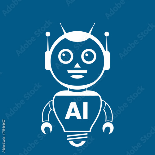 Futuristic artificial intelligence concept with a cartoon robot icon. AI letters inside a lightbulb body representing a smart idea and technology