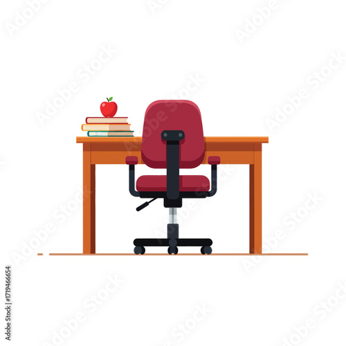 Empty student's or teacher's desk with a task chair. Back to school or home office workplace concept with books and an apple isolated on white