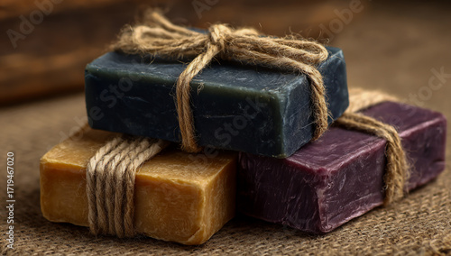 Wallpaper Mural Stacked artisanal handmade soaps tied with rustic twine on a textured burlap background Torontodigital.ca