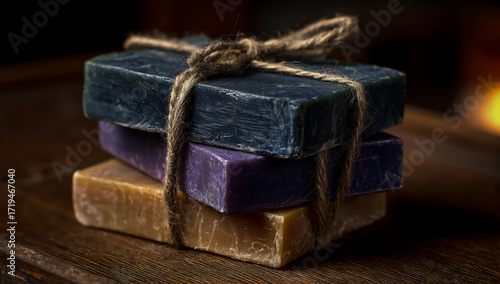 Wallpaper Mural Stack of three artisanal handmade soaps tied with rustic twine on a textured surface Torontodigital.ca
