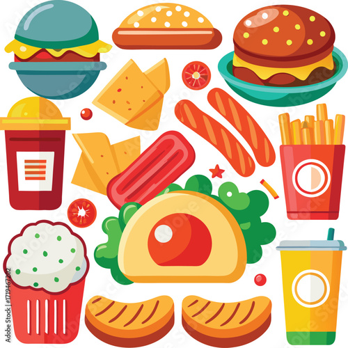Vibrant collection of fast food icons burgers fries soda desserts and more for delicious culinary designs
