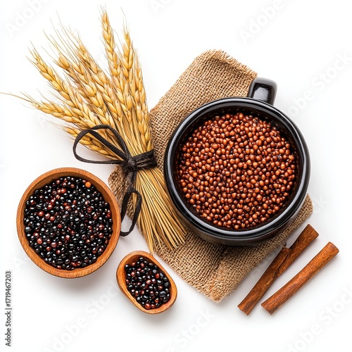 Red and Black Quinoa Seeds with Wheat and Cinnamon on White Background