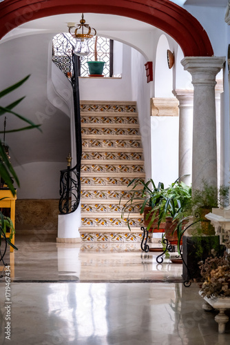 Typical Andalusian patio in Cordoba, Andalusia, Spain.