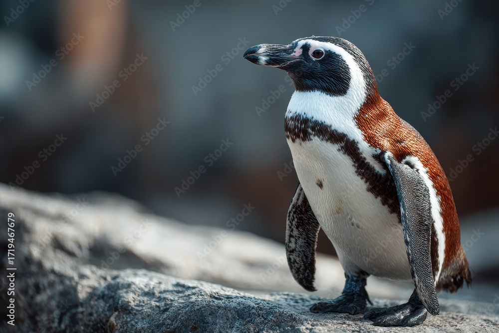 Naklejka premium A Magellanic penguin stands on rocky ground in soft, natural light. Great for wildlife blogs, environmental reports, or educational content.