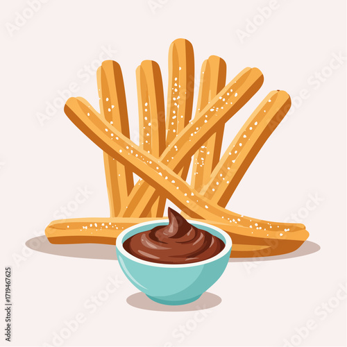 A vector illustration of churros, a traditional Spanish dessert, with a bowl of rich chocolate dipping sauce.