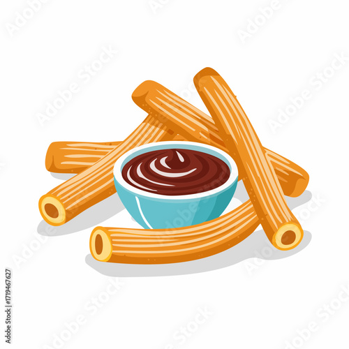 A vector illustration of churros, a traditional Spanish dessert, with a bowl of rich chocolate dipping sauce.