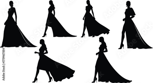 Evening gown silhouettes, elegant women in dresses, formal fashion illustration, black and white style, runway design, graceful posture, chic clothing, minimal art, decorative figure, modern fashion