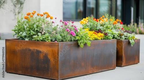 Rooftop garden with a sleek layout using weathered steel panels for modern raised beds holding flowers and edible plants